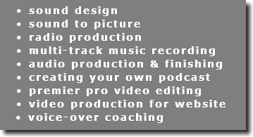 Sound Design Sound to Picture Radio Production Multi-track Music Recording Audio Production & Finishing Creating your own Podcast Premier Pro Video Editing Video Production for Website Voice-over Coaching